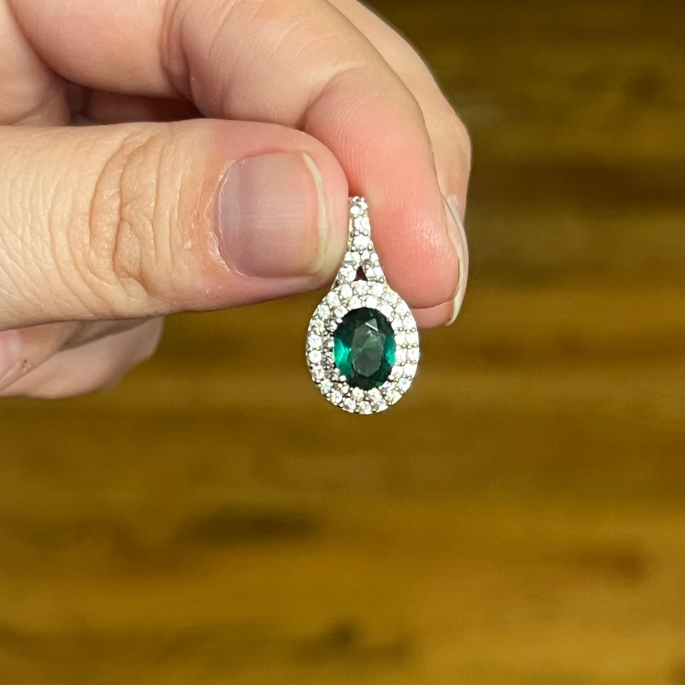 Simulated Emerald LabCreated White Sapphire Sterling Silver Halo Pendant